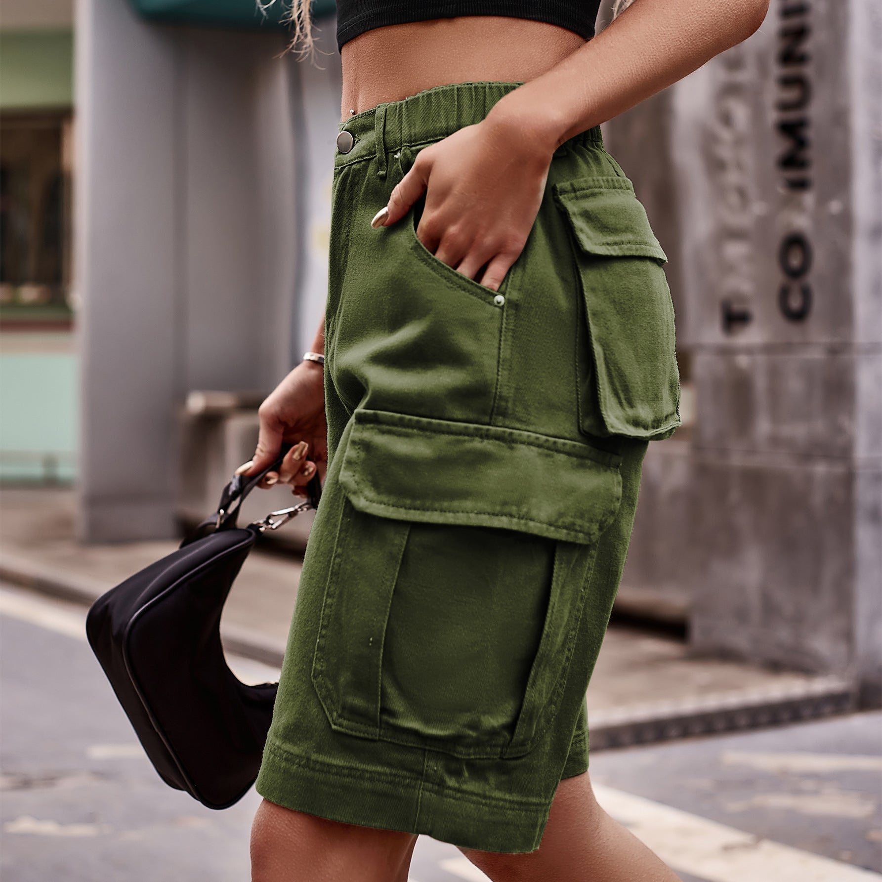 Side View, Denim Cargo Shorts with Pockets In Army Green