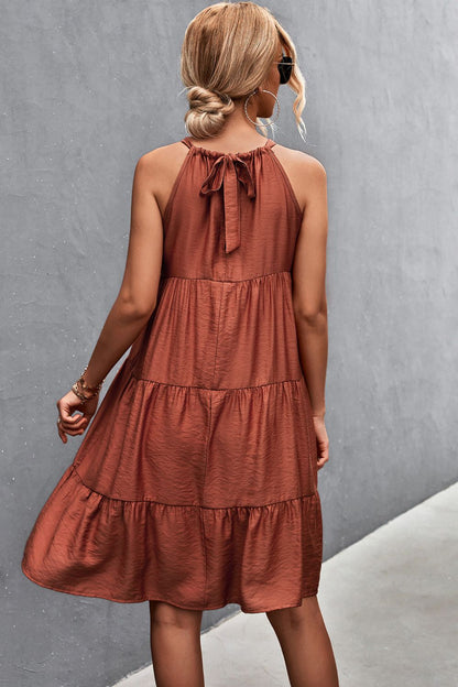 Back View, Grecian Tiered Sleeveless Dress In Brick