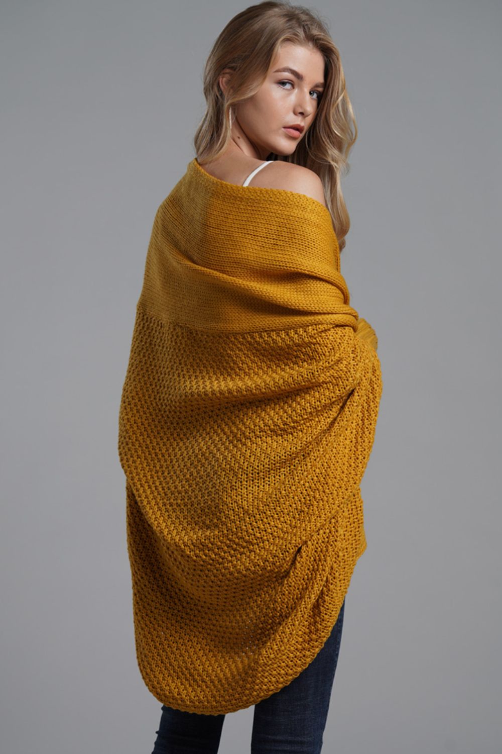 Back View, Dolman Sleeve Open Front Ribbed Trim Longline Cardigan In Mustard