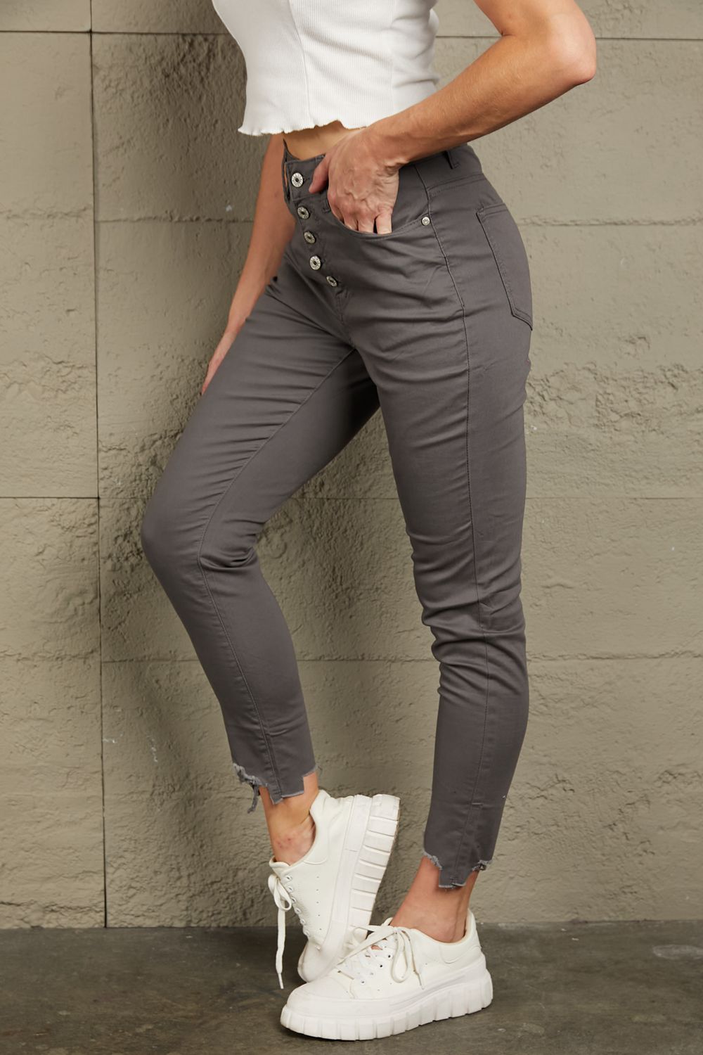 Side VIew, Baeful, Button Fly Hem Detail Skinny Jeans In Gray