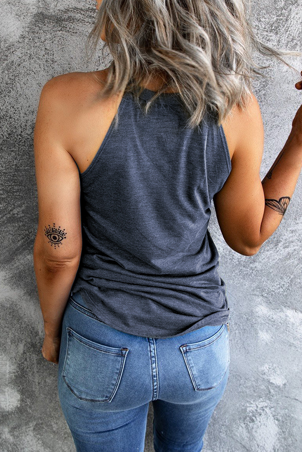 Back View, Curved Hem Grecian Tank Top In Dusty Blue