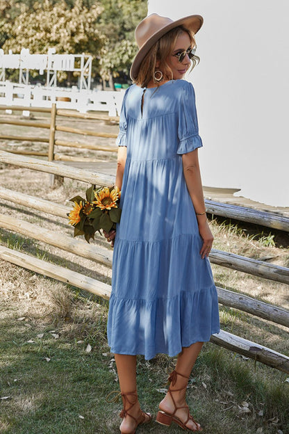 Back View, Short Flounce Sleeve Tiered Midi Dress In Blue