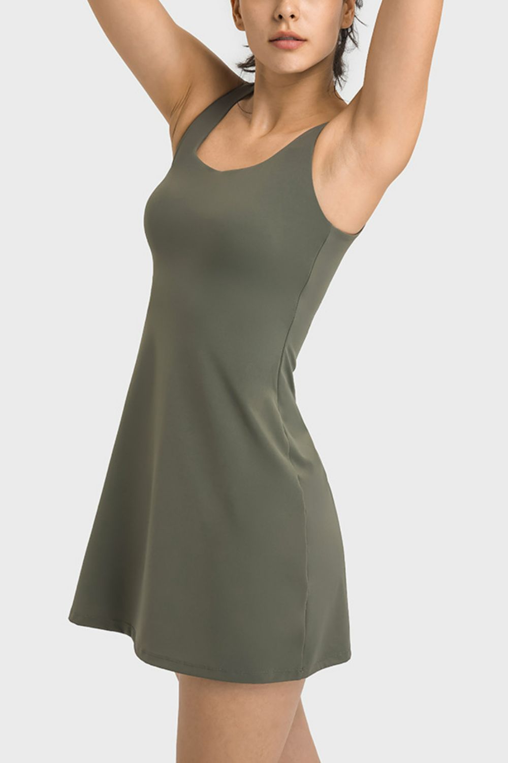 Side View, Square Neck Sports Tank Dress with Full Coverage Bottoms In Sage