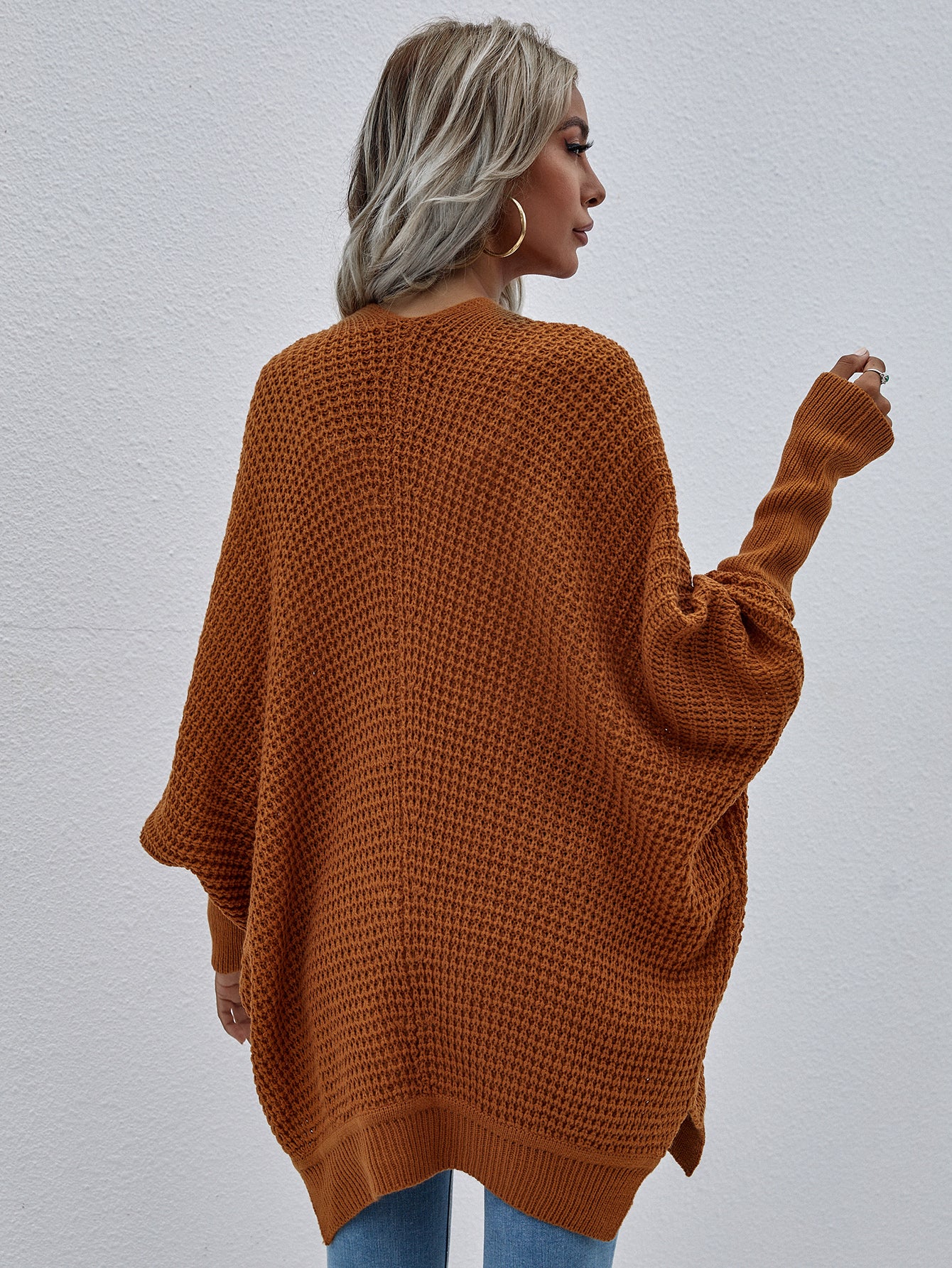 Back View, Waffle Knit Open Front Cardigan In Brown