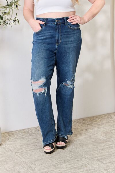 Plus Size, Judy Blue Women's High-Rise 90's Straight Leg Ripped Jeans Style 82592