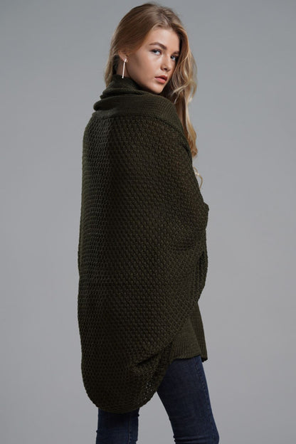 Side View, Dolman Sleeve Open Front Ribbed Trim Longline Cardigan In Olive