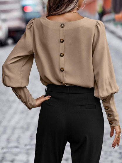 Back View, Round Neck Lantern Sleeve Blouse In Taupe