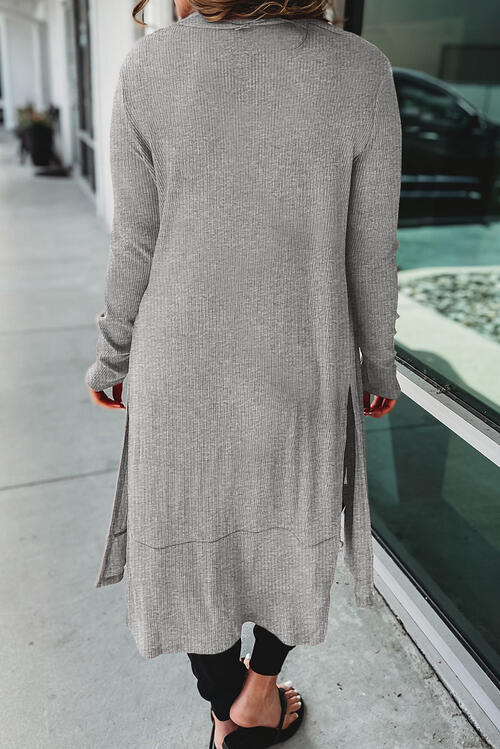 Back View, Button Up High-Low Long Sleeve Slit Cardigan In Charcoal