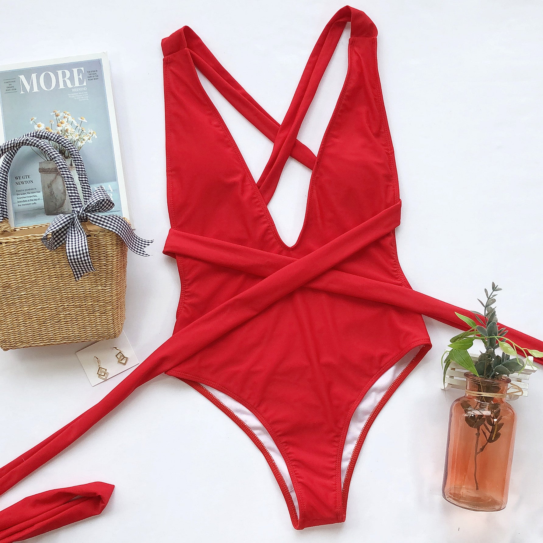 Front View, Halter Neck Deep V Tied One-Piece Swimsuit In Scarlett