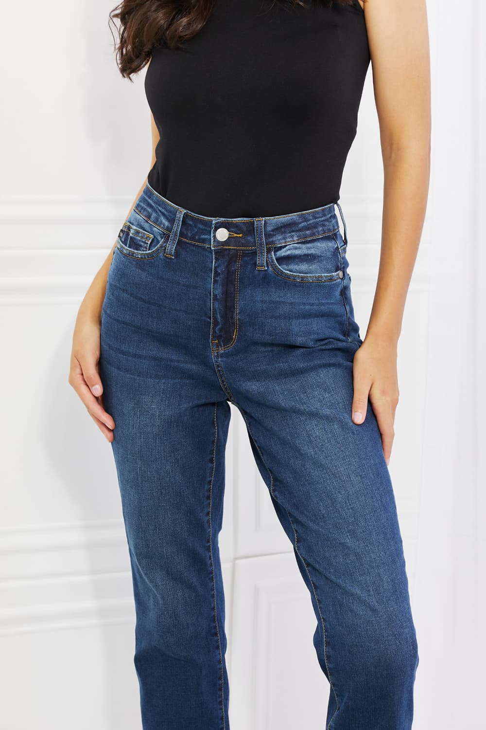 Close-Up, Judy Blue, High-Rise Sustainable Cool Denim Cuffed Boyfriend Jeans Style 88608