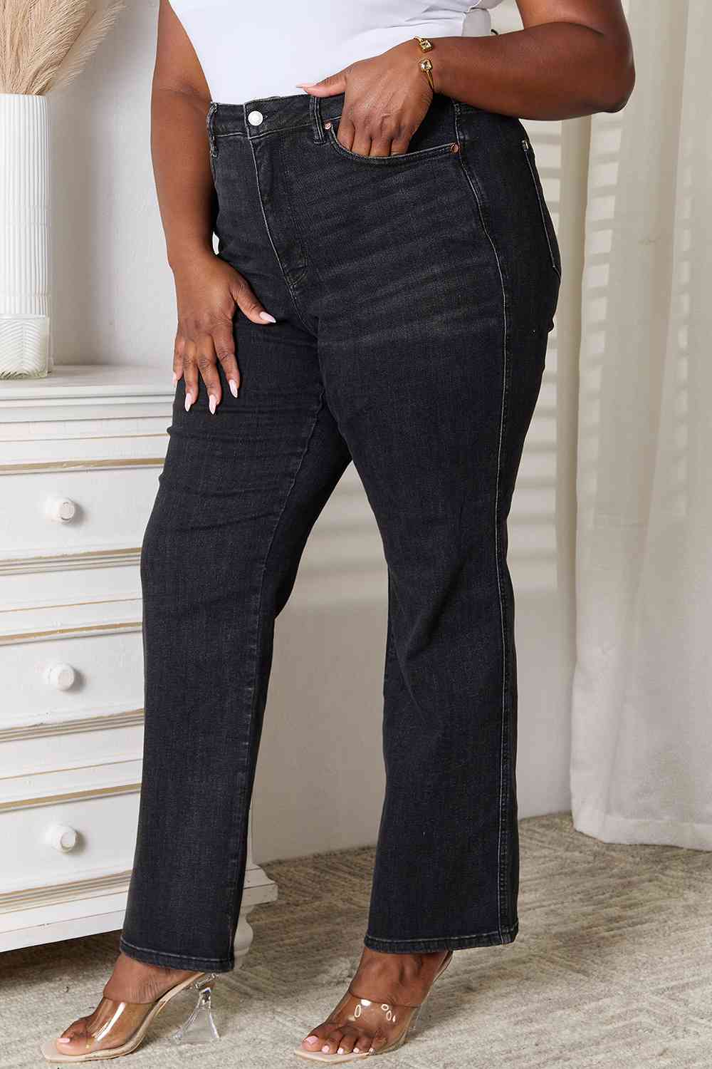 Side VIew, Plus Size, Judy Blue High Waist Tummy Control Washed Black Straight Style 88677