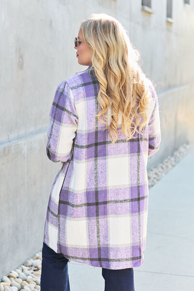 Back View, Plus Size, Double Take, Plaid Button Up Lapel Collar Coat In Violet