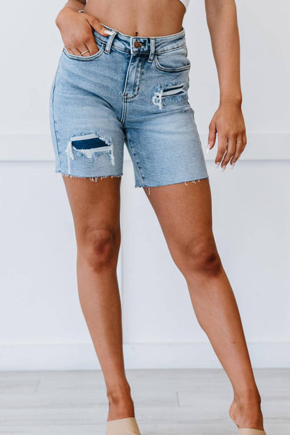 Judy Blue, Acid Wash Denim Patch High Rise Mid Thigh Shorts. Style Number 150094
