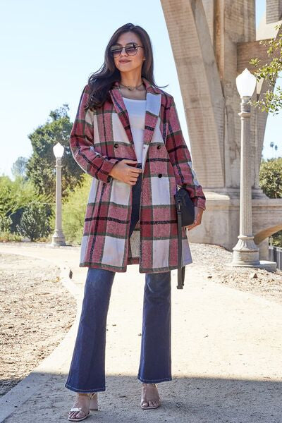 Double Take, Plaid Button Up Lapel Collar Coat In Deep Red