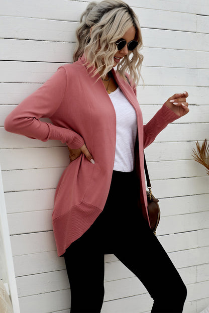Side View, Long Sleeve Ribbed Hem Open Front Longline Cardigan In Pink