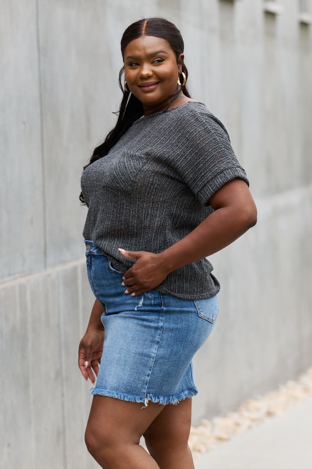 Side View, Plus Size, e.Luna, Full Size Chunky Knit Short Sleeve Top in Gray