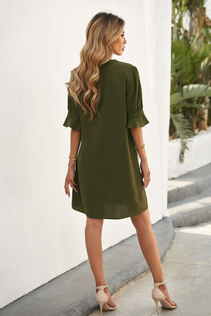 Back View, Puff Sleeve Notched Mini Shift Dress In Green