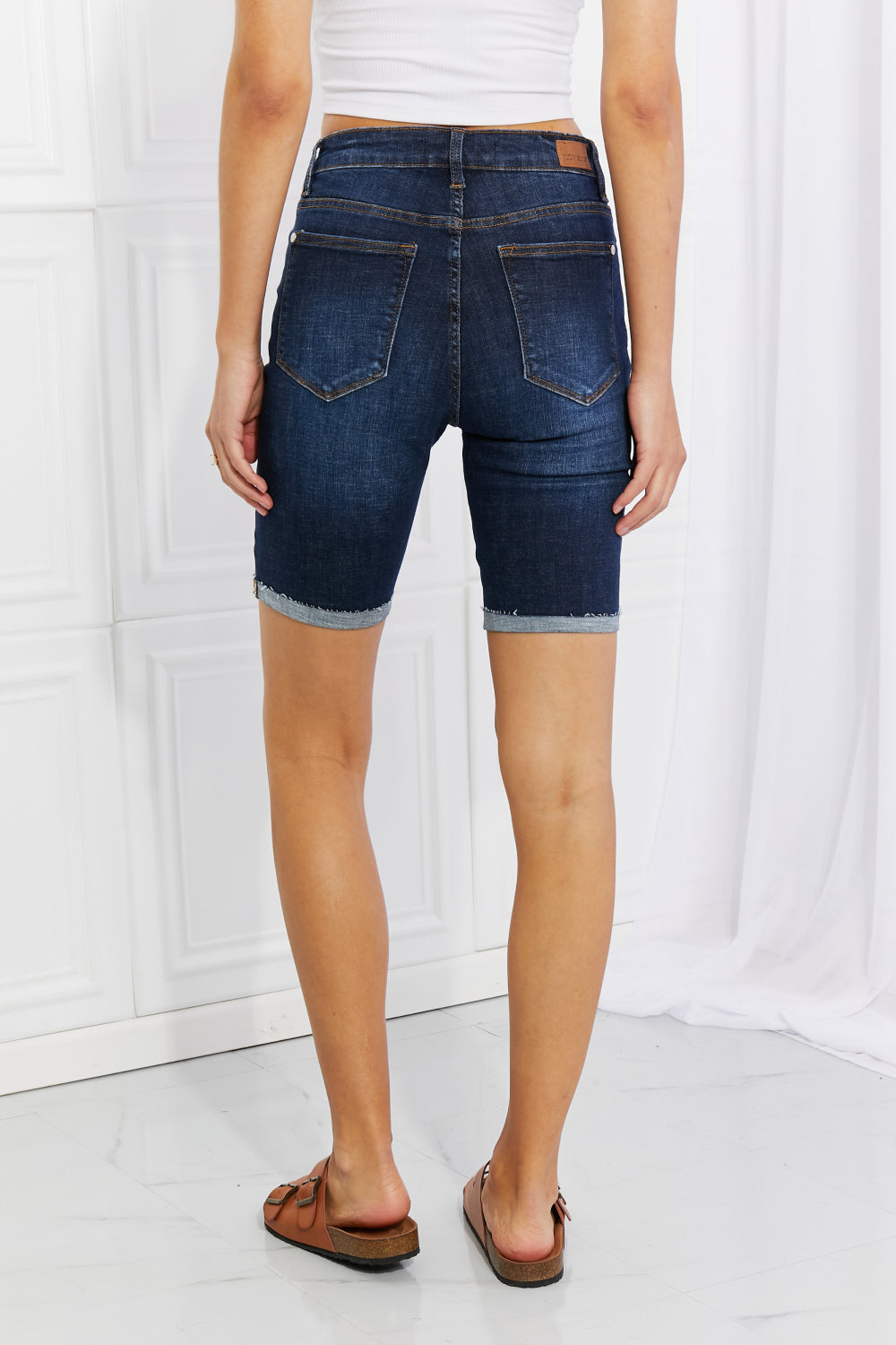 Back View, Judy Blue, High-Rise Patch Destroyed Bermuda Shorts Style 150115