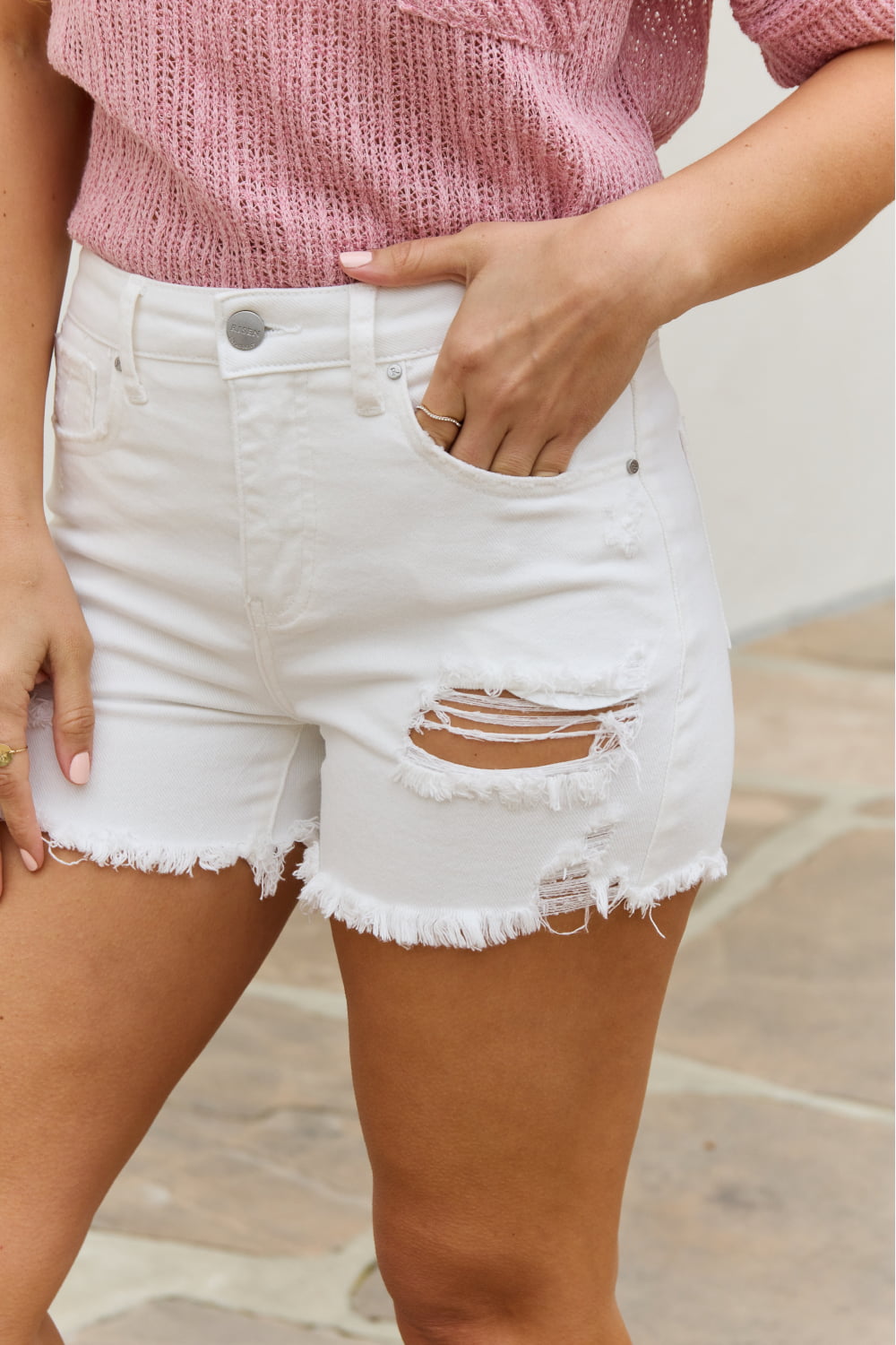 Close-Up, RISEN, High Waisted Distressed Shorts