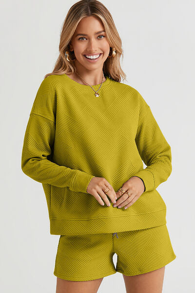 Double Take, Textured Long Sleeve Top and Drawstring Shorts Set In Chartreuse 