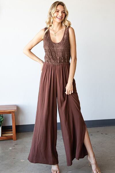 First Love, Tie Back Sleeveless Slit Wide Leg Jumpsuit