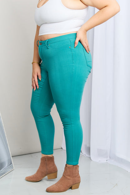 Side View, Plus Size, YMI Jeanswear, Kate Hyper-Stretch Full Size Mid-Rise Skinny Jeans in Sea Green