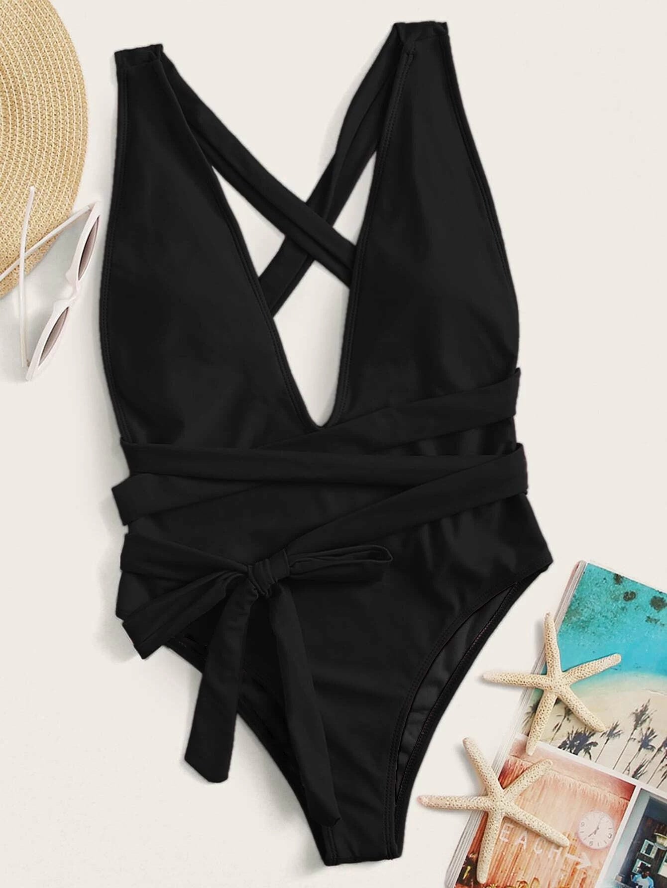 Front View, Halter Neck Deep V Tied One-Piece Swimsuit In Black
