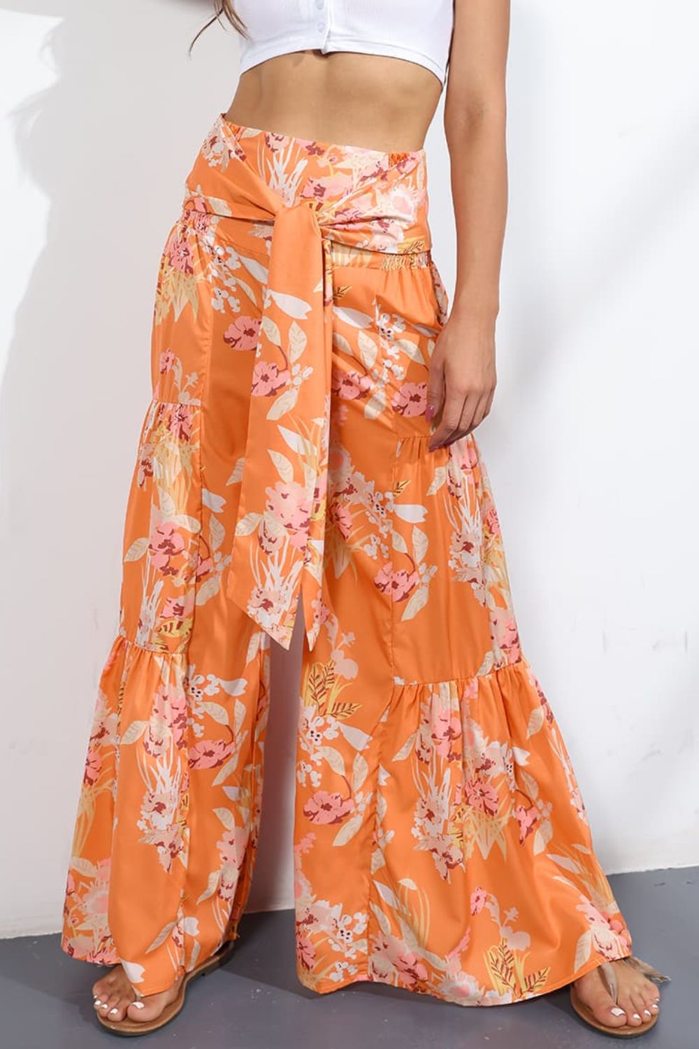 Printed High-Rise Tied Culottes In Tangerine