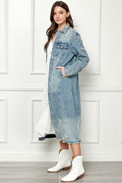 Side VIew, Veveret, Distressed Raw Hem Pearl Detail Button Up Jacket