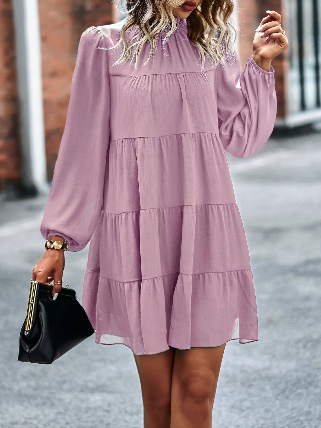 Frill Neck Puff Sleeve Tiered Dress In Pink
