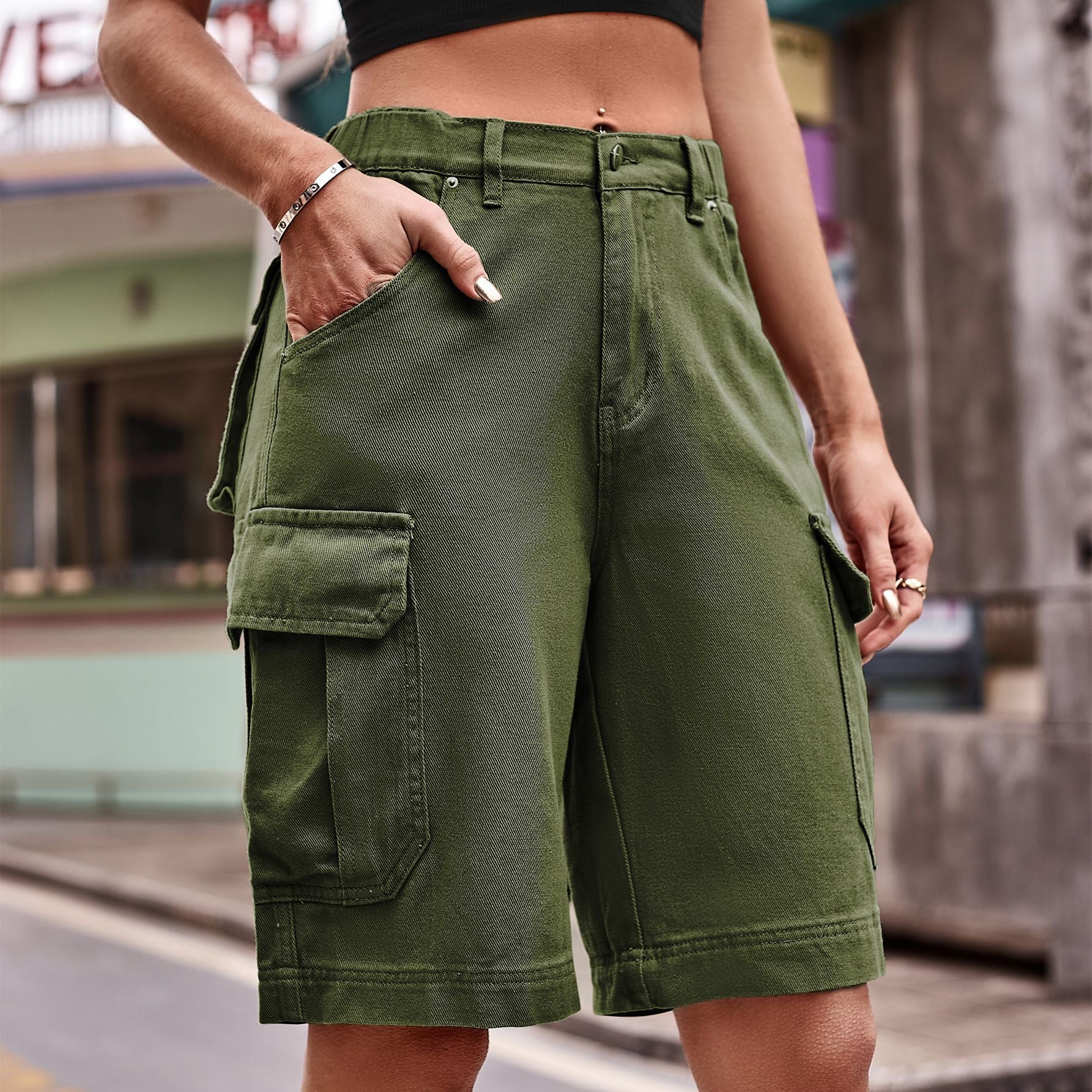 Denim Cargo Shorts with Pockets In Army Green