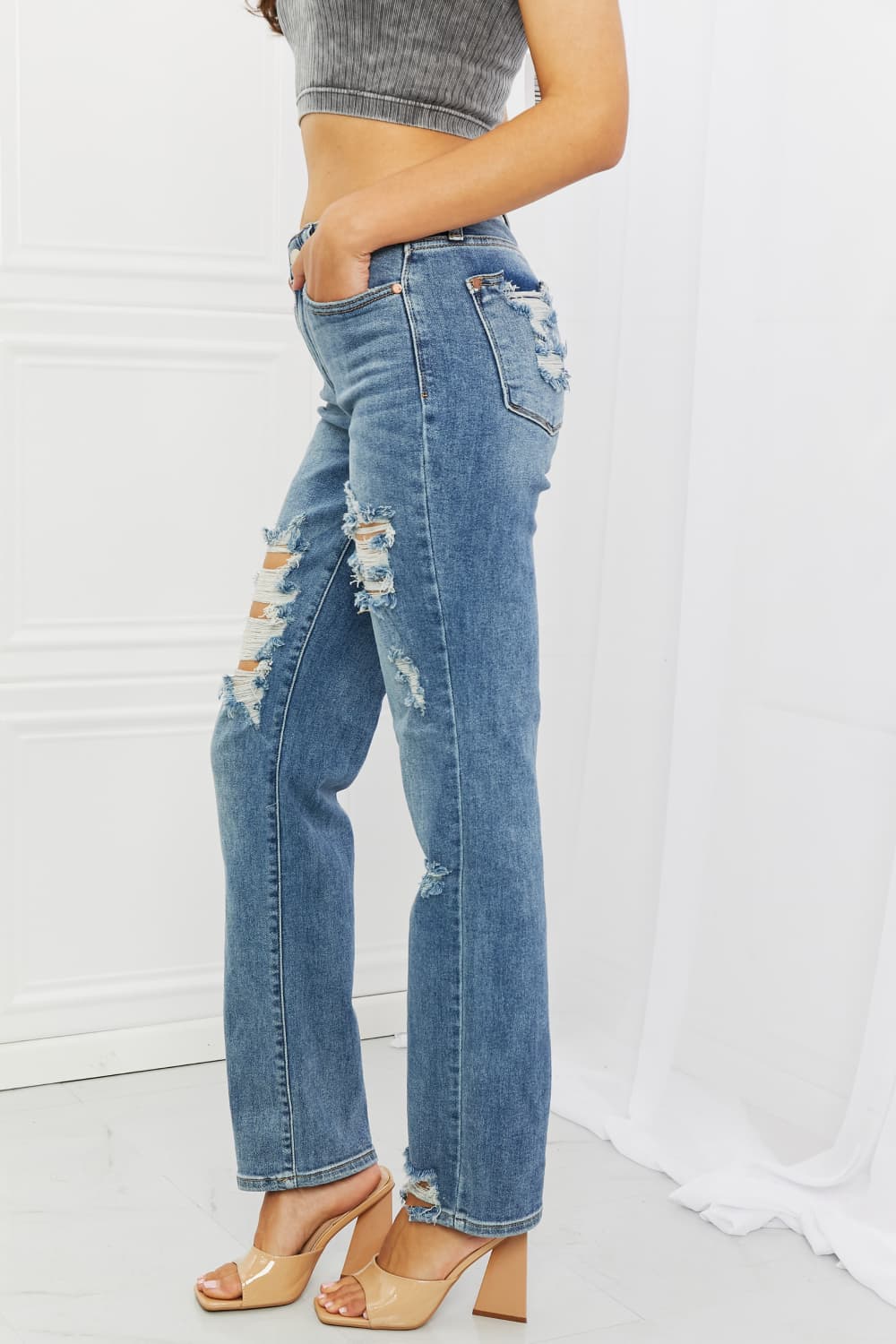 Side View, Judy Blue, Mid-Rise Heavy Destroy Straight Jeans