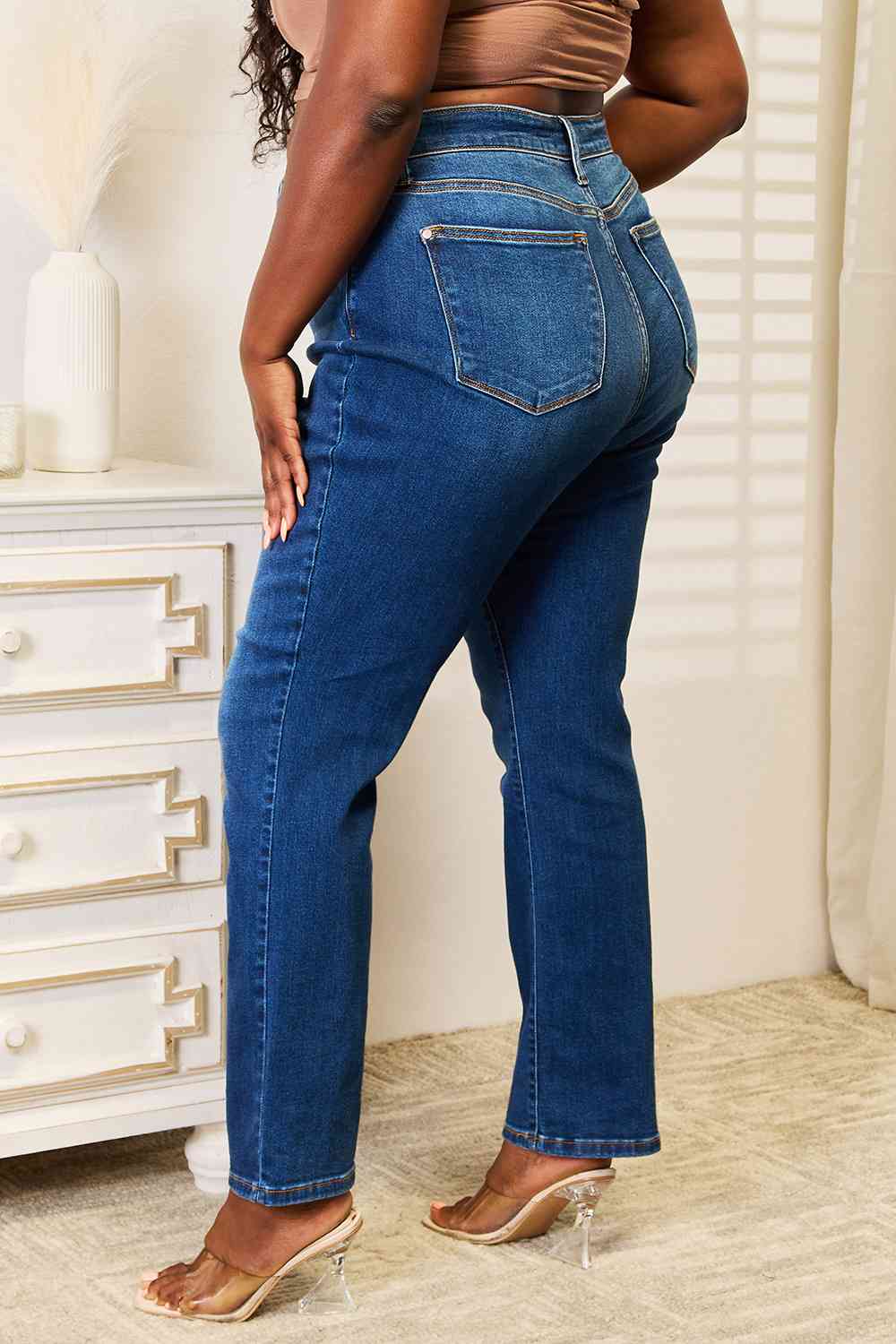 Side VIew, Plus Size, Judy Blue, High-Rise Hidden Button-Fly Straight Leg Dad Jeans Style 82556