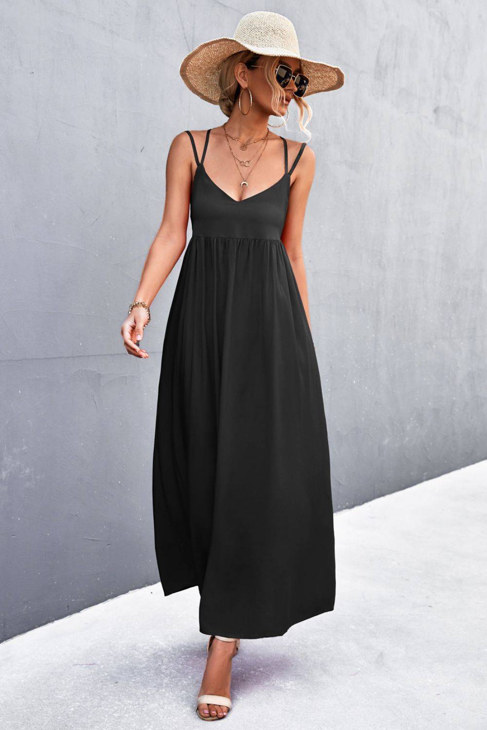 Black Double-Strap Crisscross Maxi Dress