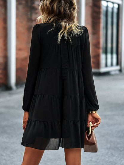 Back View, Frill Neck Puff Sleeve Tiered Dress In Black