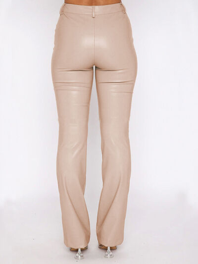 Back VIew, PU Leather High Waist Straight Pants In Ivory
