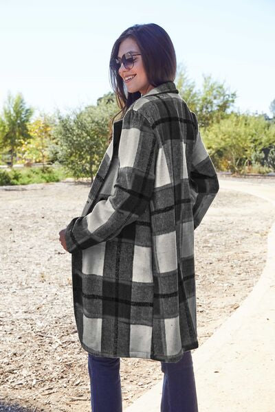 Side VIew, Double Take, Plaid Button Up Lapel Collar Coat In Black