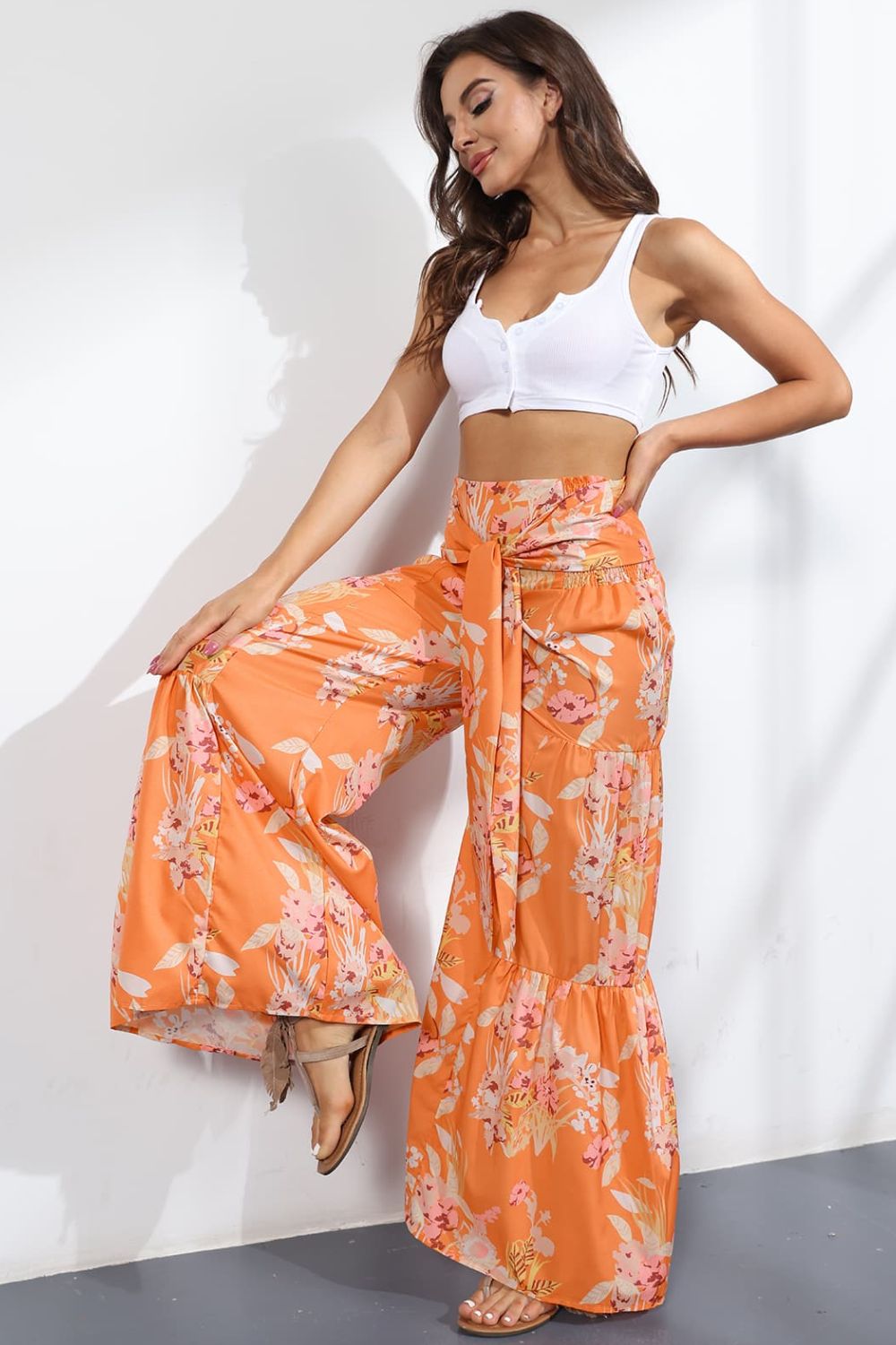 Side View, Printed High-Rise Tied Culottes In Tangerine