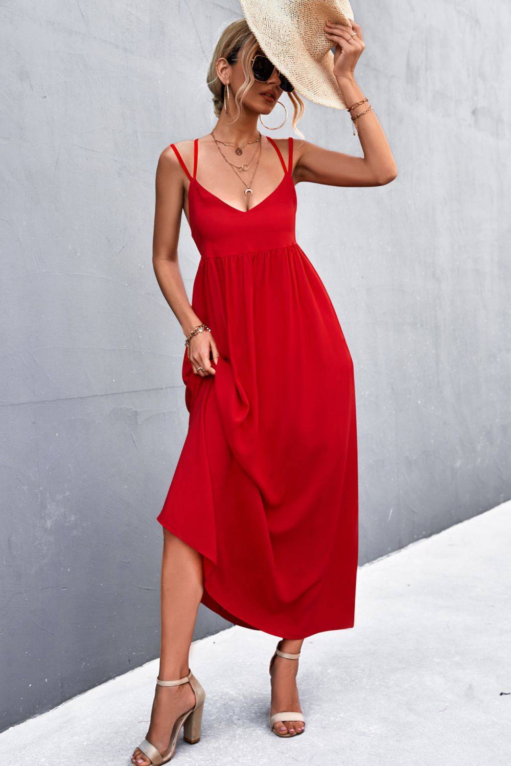 Red Double-Strap Crisscross Maxi Dress