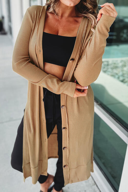 Button Up High-Low Long Sleeve Slit Cardigan In Caramel