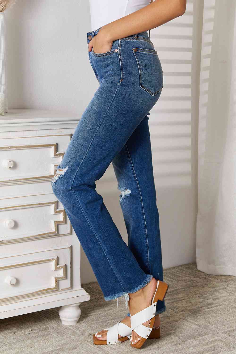 Side View, Judy Blue ,High Waist Knee Destroy & Fray Hem Straight Jeans Style 82513