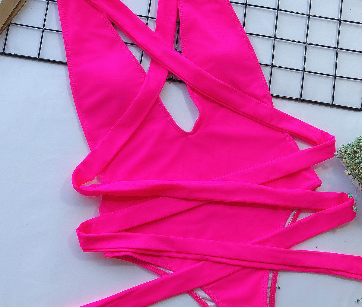 Close-Up, Halter Neck Deep V Tied One-Piece Swimsuit In Hot Pink
