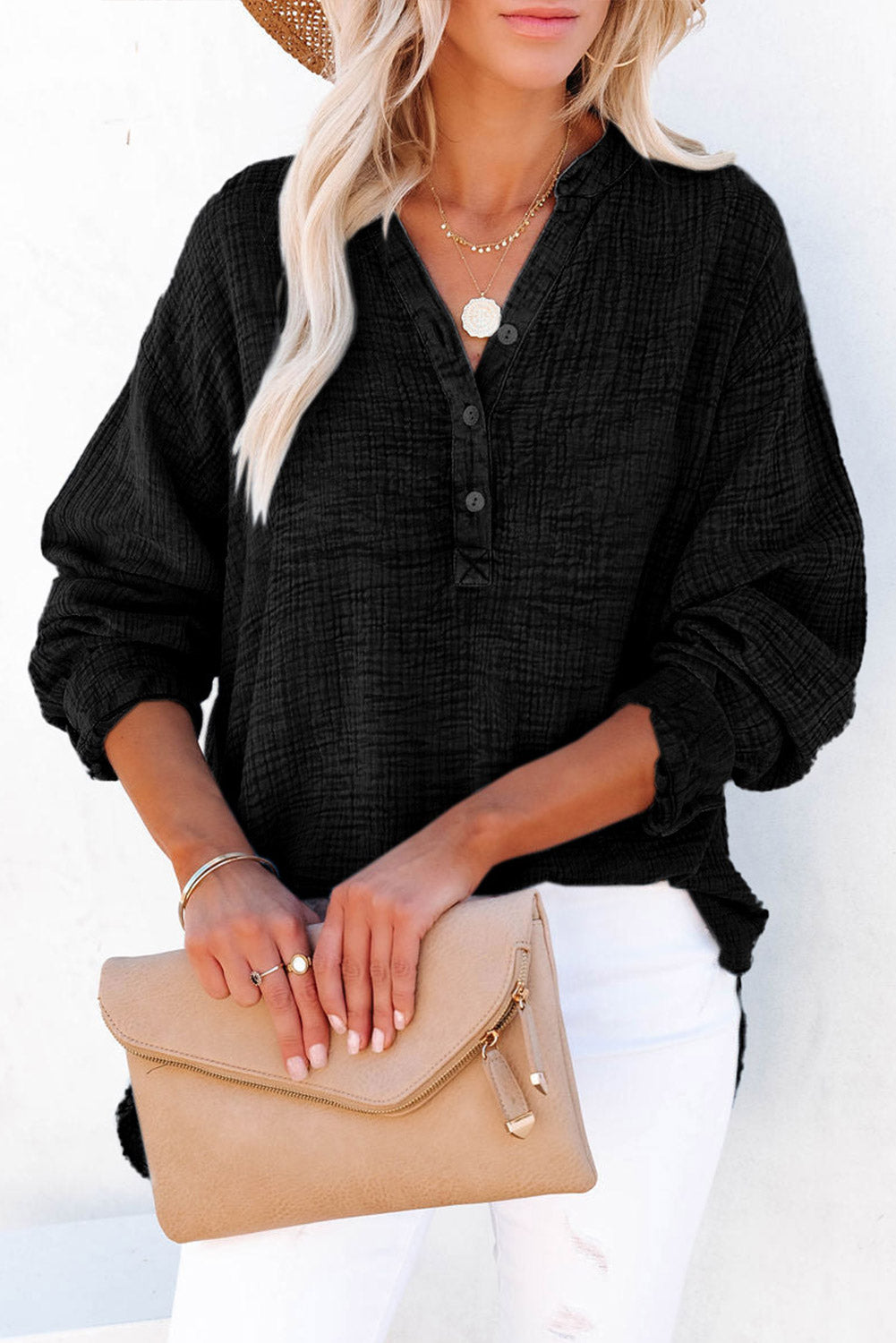 Buttoned Long Sleeve Blouse In Black