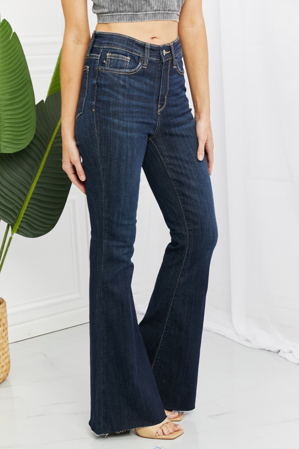 Side View, Judy Blue, High Waisted Raw Hem Tall Flare Jeans Style 82343