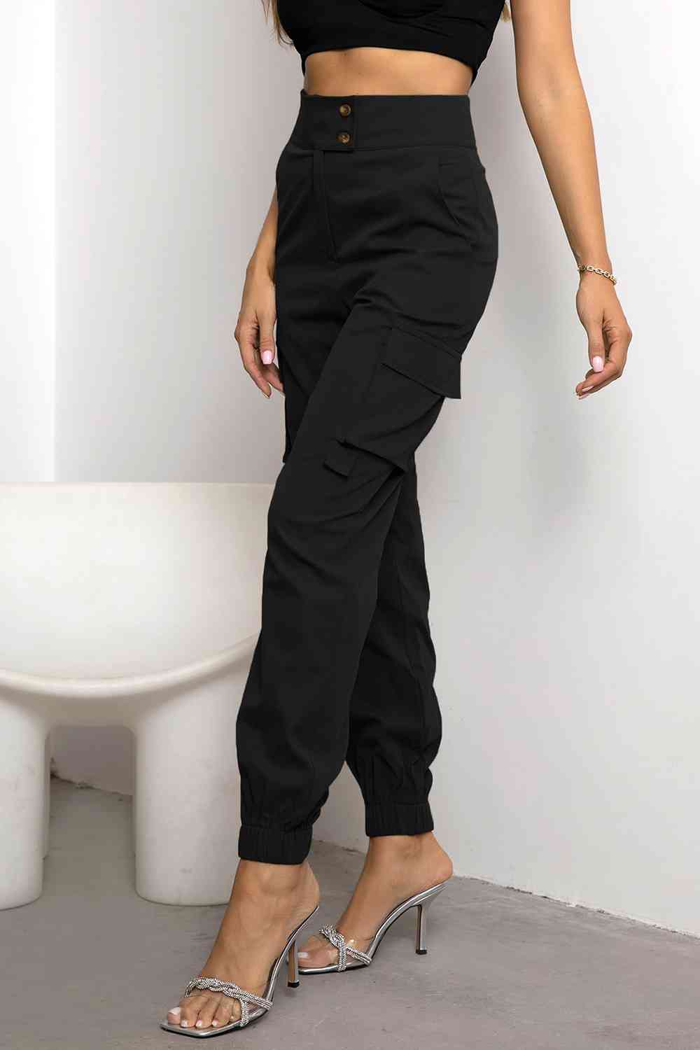 Side View, High Waist Cargo Pants In Black