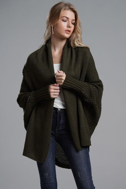 Dolman Sleeve Open Front Ribbed Trim Longline Cardigan In Olive