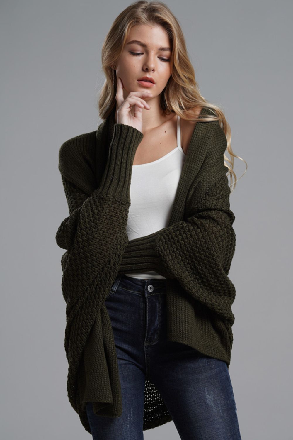 Dolman Sleeve Open Front Ribbed Trim Longline Cardigan In Olive