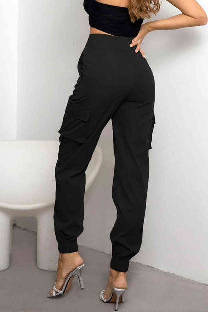 Back View, High Waist Cargo Pants In Black
