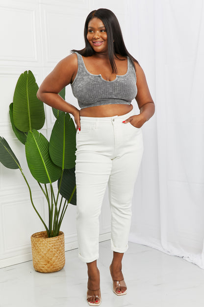 Judy Blue Hi-Waist White Double Cuff Boyfriend Jeans
