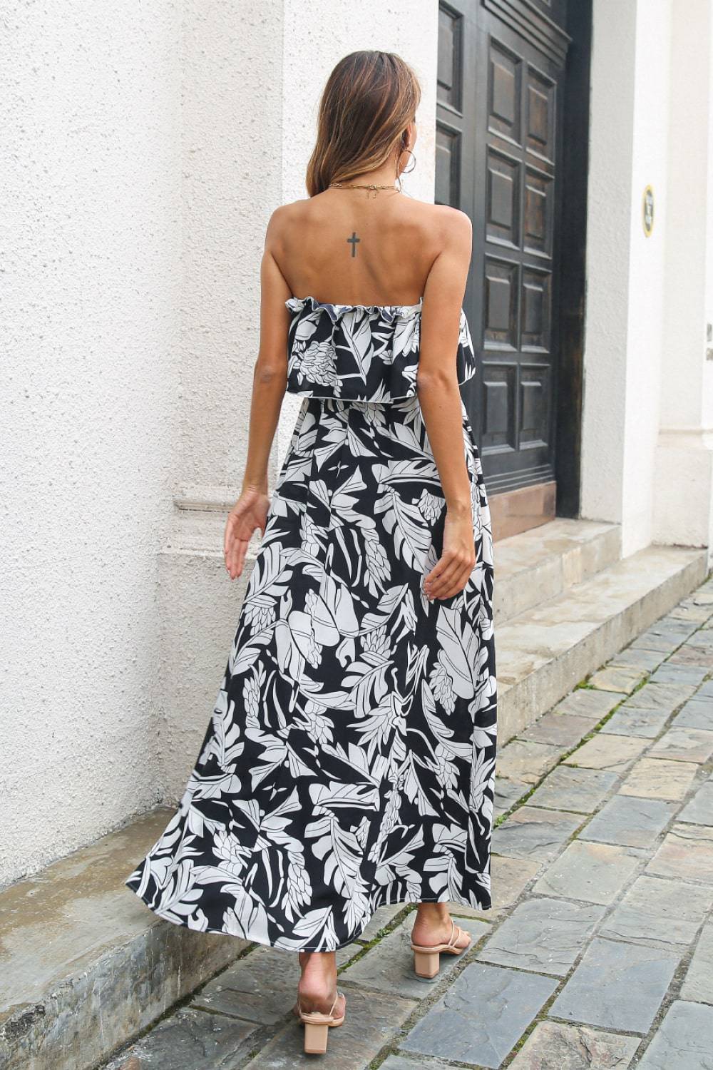 Back View, Black Printed Frill Trim Layered Strapless Maxi Dress